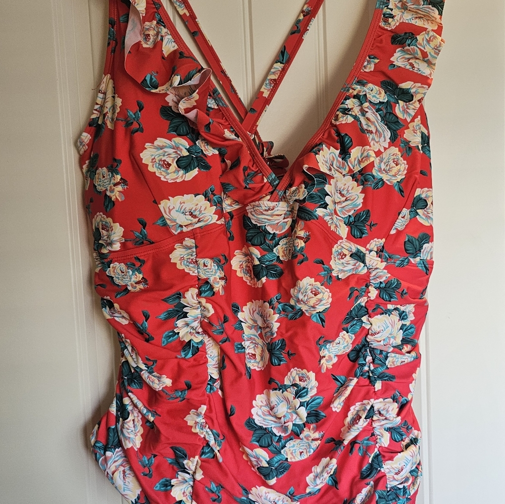 Meet Curve Coral Floral Wireless Ruffle One Piece Swimsuit, 4X